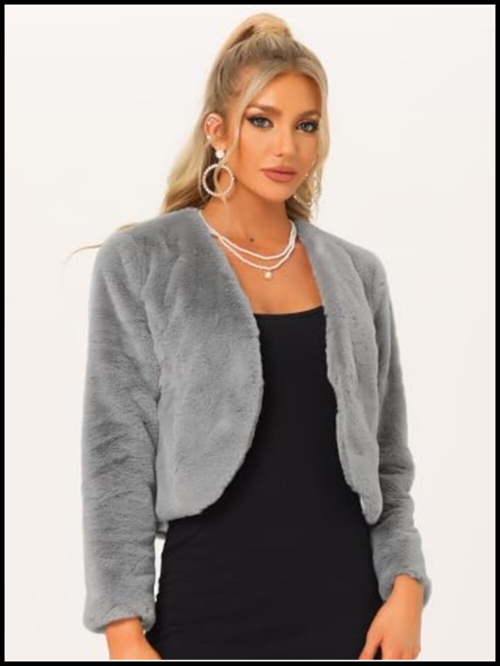 Faux Fur Cropped Jacket Long Sleeve Open Front Wedding Bolero with Pockets - Picture 3 of 6